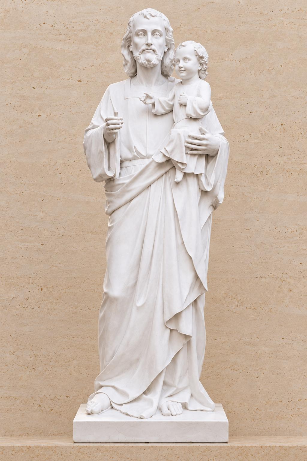 San José sosteniendo al Niño Jesús, escultura en resina y fibra de vidrio